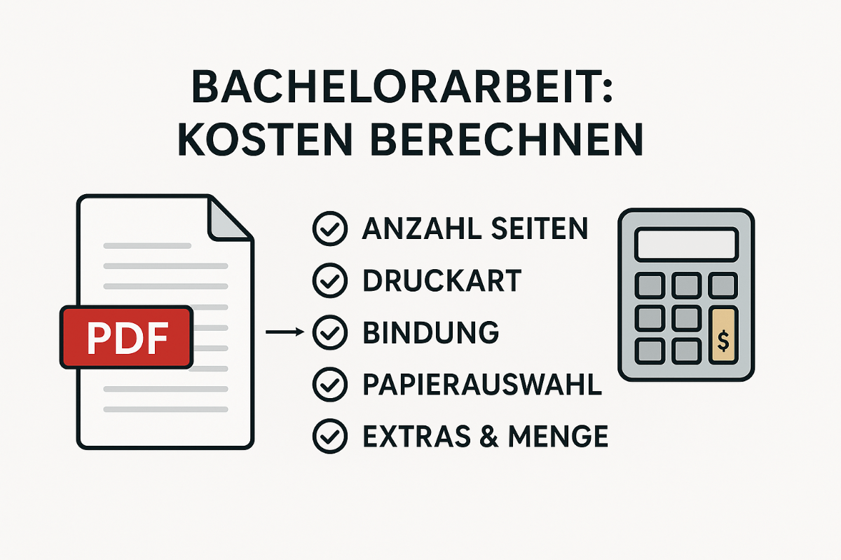 bachelorarbeits-kosten-berechnen Grafik mit PDF-Datei, Checkliste und Taschenrechner zur Berechnung der Druckkosten