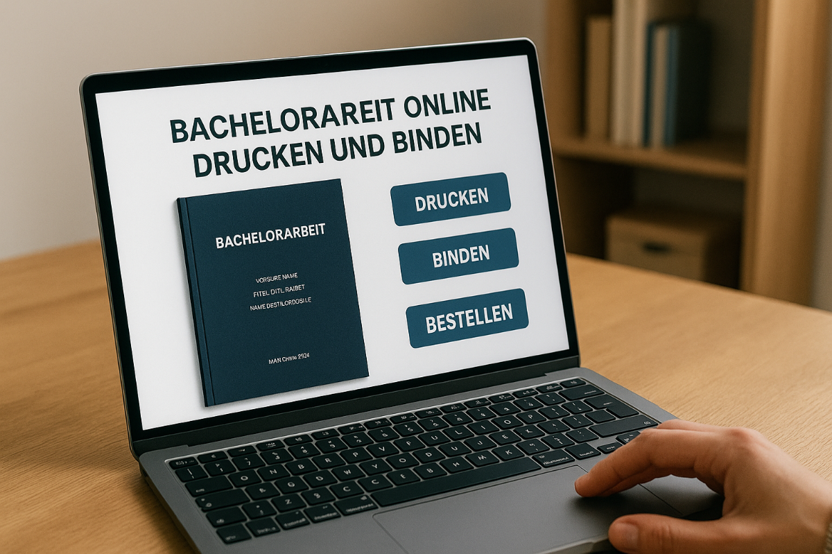 bachelorarbeit-online-drucken-und-binden zeigt einen Laptop-Bildschirm mit einer Website zur Online-Bestellung von Druck und Bindung einer Bachelorarbeit
