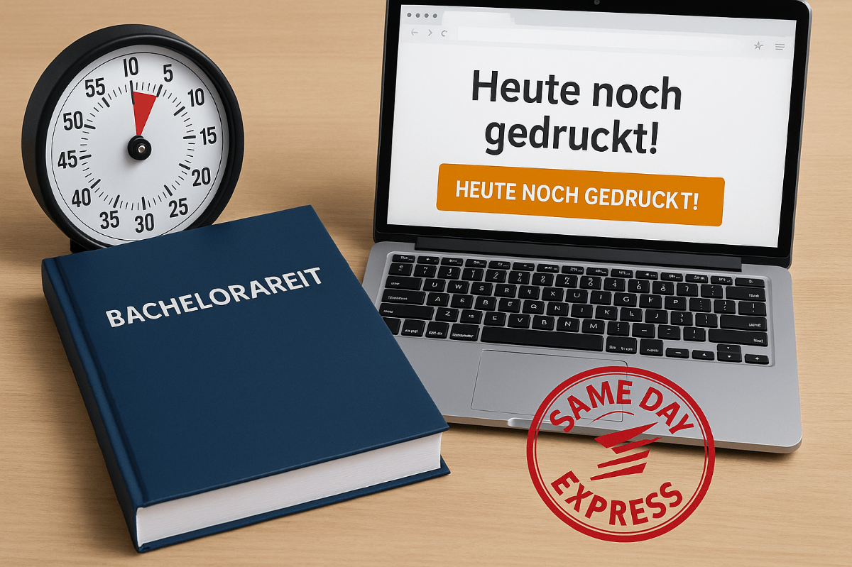 bachelorarbeit-heute-noch-gedruckt zeigt eine Bachelorarbeit, einen Laptop mit Eil-Service-Anzeige und eine Uhr für den Expressdruck am selben Tag
