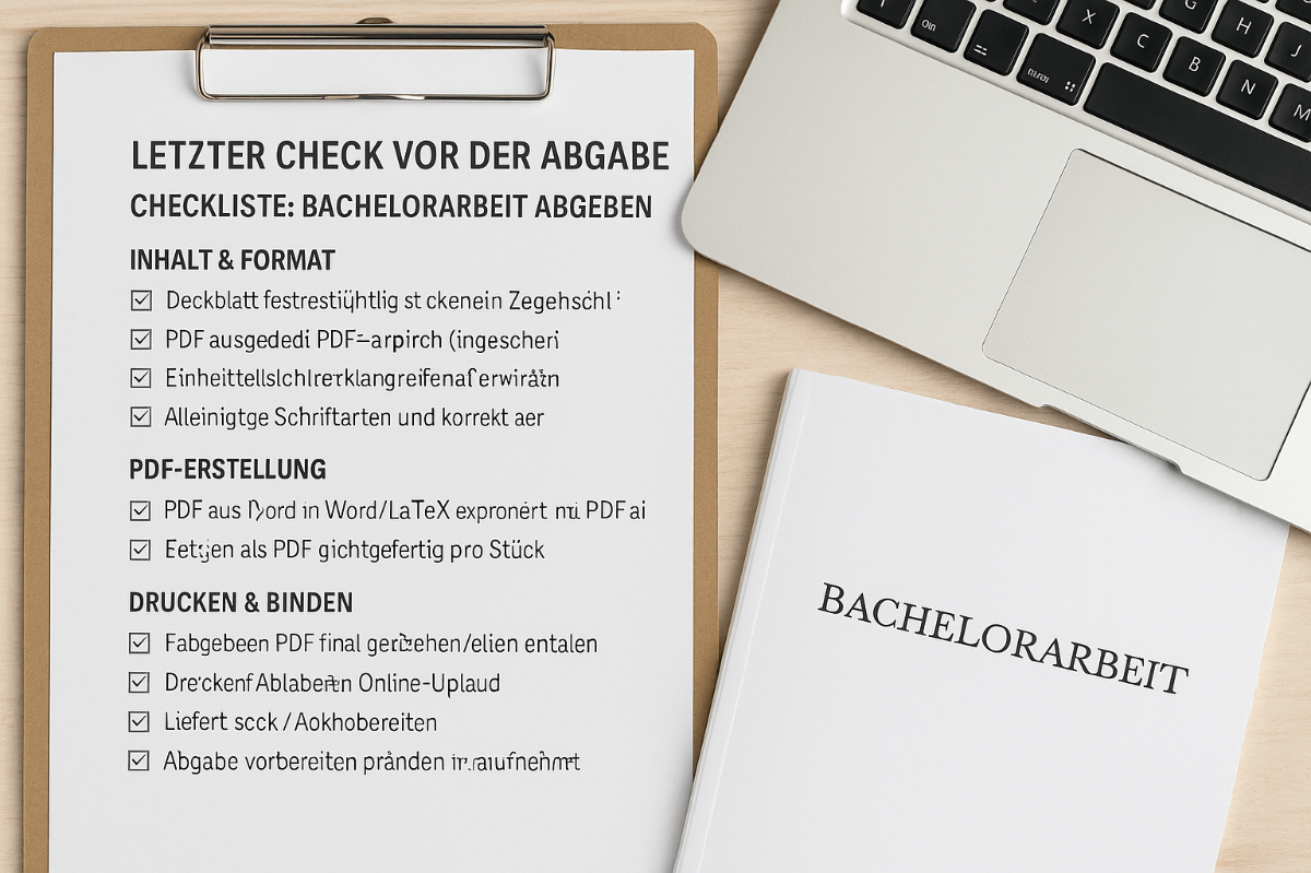 checkliste-bachelorarbeit-abgeben mit Klemmbrett, Laptop und gebundener Bachelorarbeit auf Schreibtisch