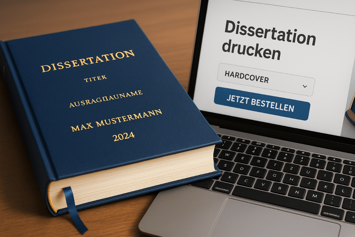 dissertation-drucken zeigt eine gebundene Dissertation mit goldener Prägung neben einem Laptop mit Bestellmaske für den Hardcover-Druck