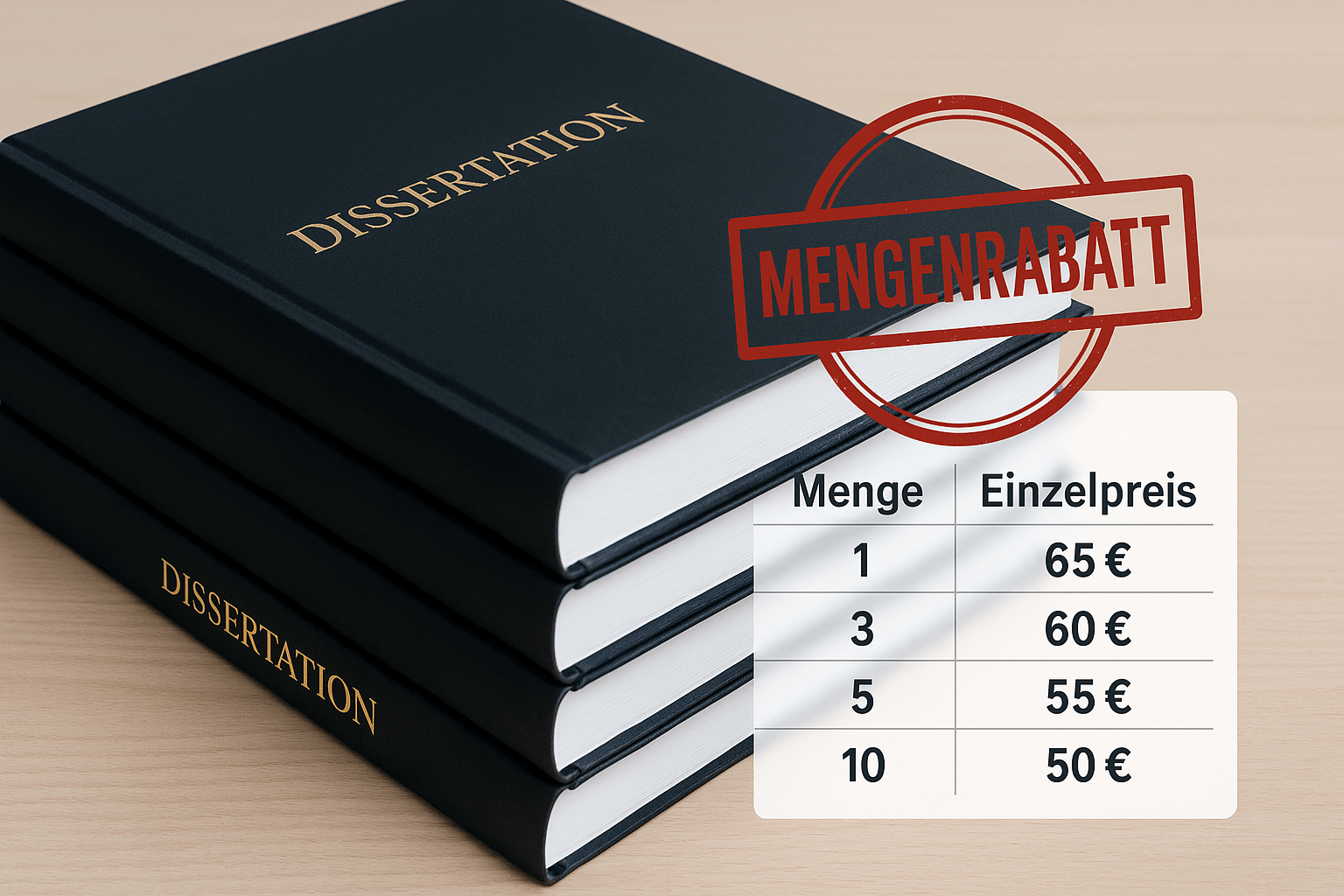 dissertation-mengenrabatt zeigt gestapelte Dissertationen mit Preisstaffelung für Mengenrabatt und rotem Stempel mit Aufschrift „Mengenrabat