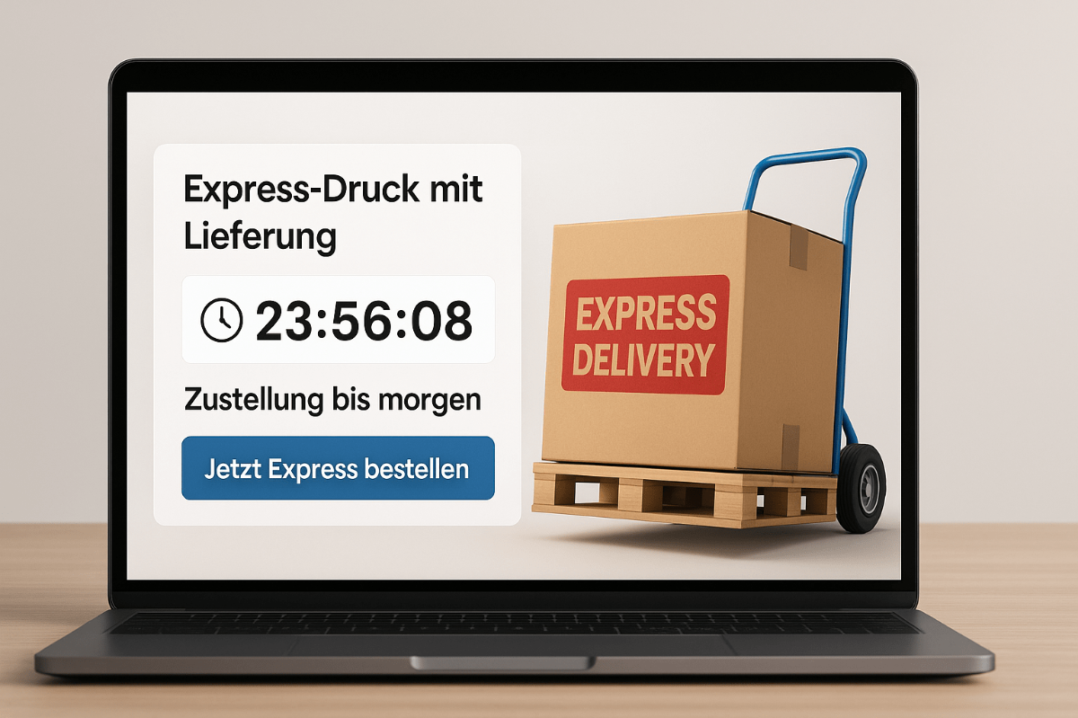Laptop mit Anzeige für Express-Druck mit Lieferung, Countdown und Paket auf Sackkarre