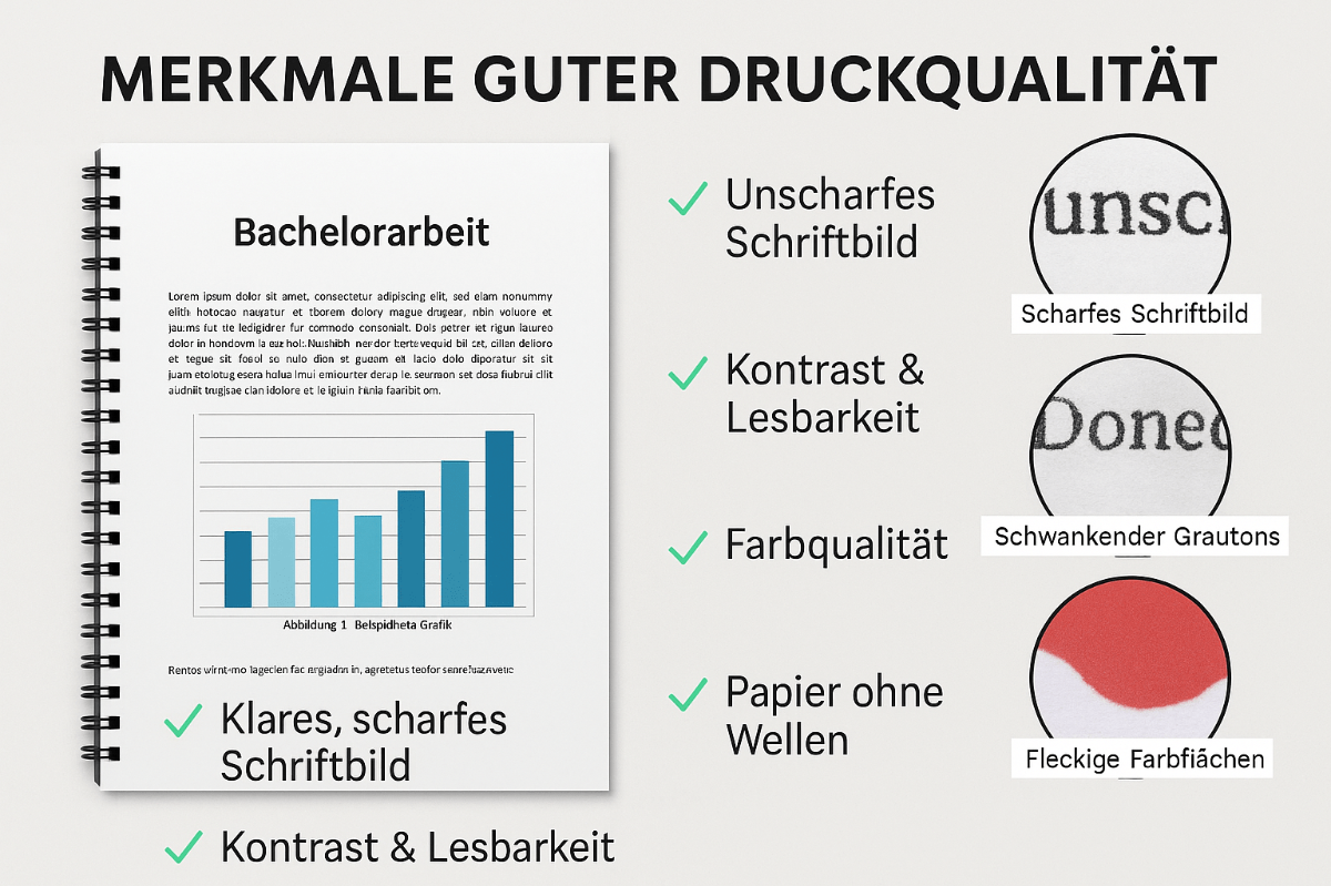 merkmale-guter-druckqualität Übersicht mit Beispielen für gutes Druckbild, Farbqualität und wellenfreies Papier