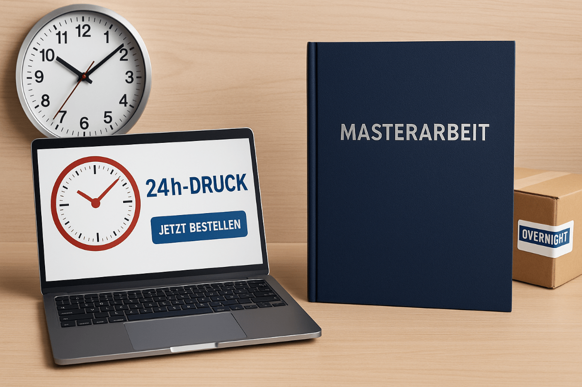 masterarbeit-24h-druck zeigt eine gebundene Masterarbeit, einen Laptop mit Bestelloption für 24-Stunden-Druck sowie eine Versandbox mit Overnight-Label