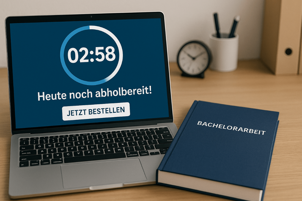 Bachelorarbeit heute noch abholbereit mit Countdown auf Laptop