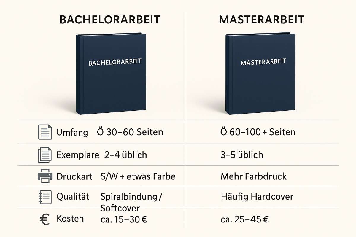 bachelorarbeit-masterarbeit-vergleich zeigt einen tabellarischen Vergleich zwischen Bachelorarbeit und Masterarbeit bezüglich Umfang, Druckart, Bindung und Kosten
