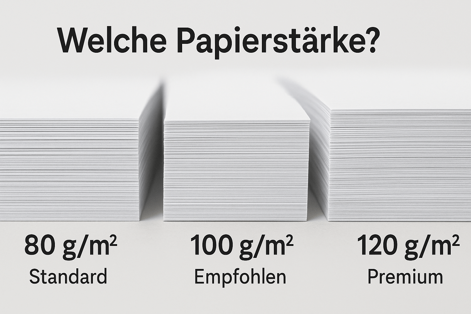 welche-papierstärke Vergleich von Papierstärken 80 g/m², 100 g/m² und 120 g/m² für den Druck