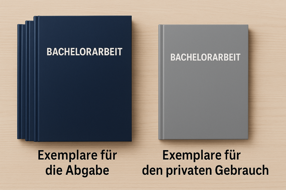 bachelorarbeit-exemplare-abgabe-privat zeigt mehrere gebundene Bachelorarbeiten in unterschiedlichen Farben für Abgabe und privaten Gebrauch